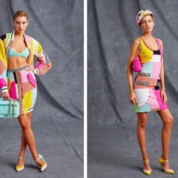 MOSCHINO COUTURE PATCHWORK TWEED DRESS DEADSTOCK *GIGI HADID* USA 10 IT44 - Picture 10 of 10